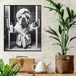 12x16 Inch, Framed, British Bulldog Wall Art: A Humorous Bathroom Decoration Featuring a Bulldog in a Towel and Robe, Perfect for Home, Office, or Hotel Rooms