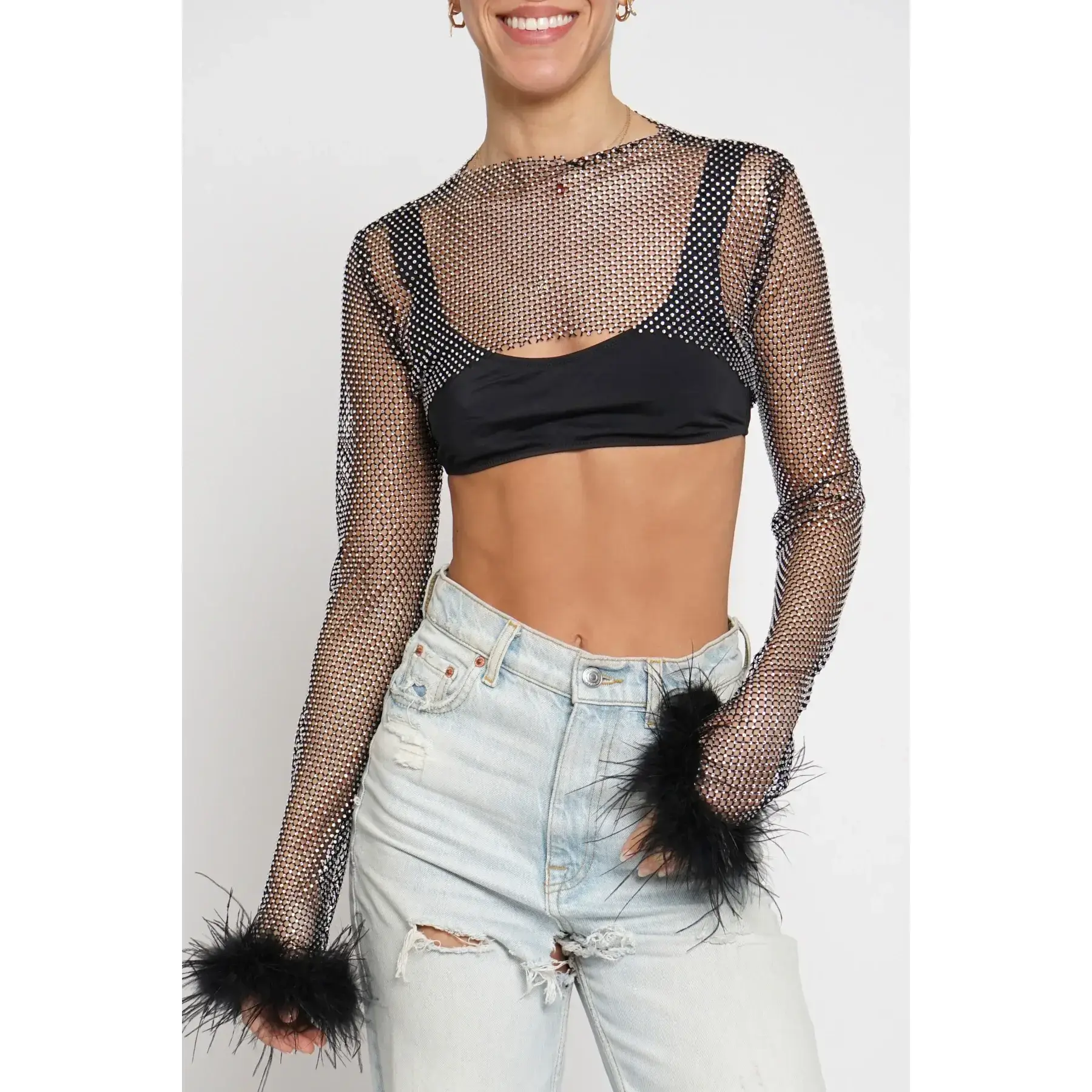 Women's Long-Sleeve Rhinestone Shrug with Feather Sleeve Trim - GST2768