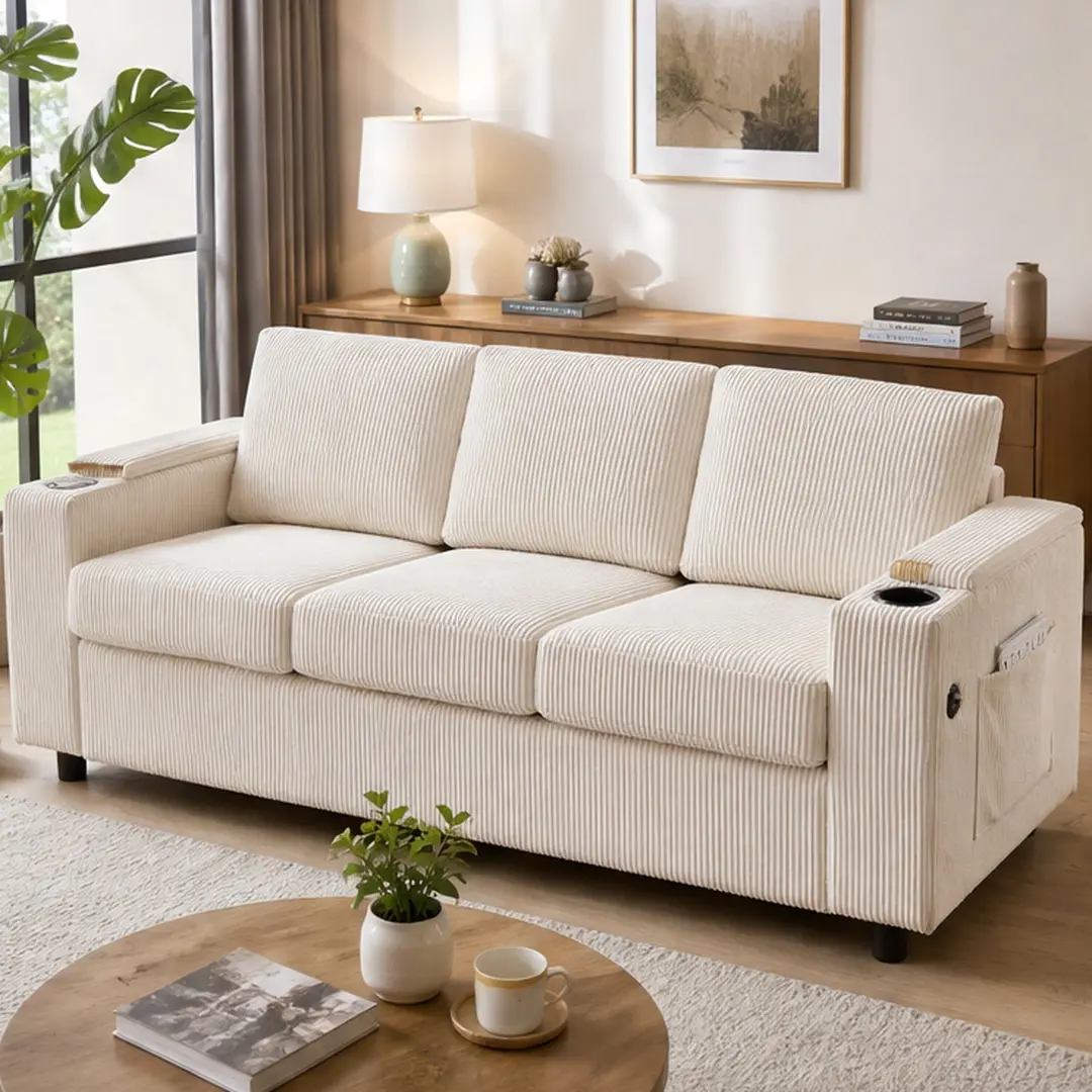 81" Large Sleeper Sofa with 3-Inch Mattress, Queen Size Pull Out Sofa Bed, 2-in-1 Convertible Couch with USB Ports, Cup Holders, Hidden Storage, Beige Foam+Spring Sofa for Living Room, Apartment, Small Space, Beige Color Options