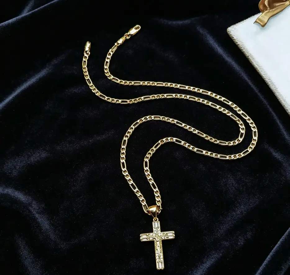 Father's Day Gift 14K Gold Plated Cross Necklace - Waterproof Hypoallergenic Tarnish Resistant, Cubic Zirconia Jesus Crucifix Pendant Figaro Chain, Religious Spiritual Jewelry for Dad Husband Grandpa, Meaningful Gift for Birthday Anniversary Christmas
