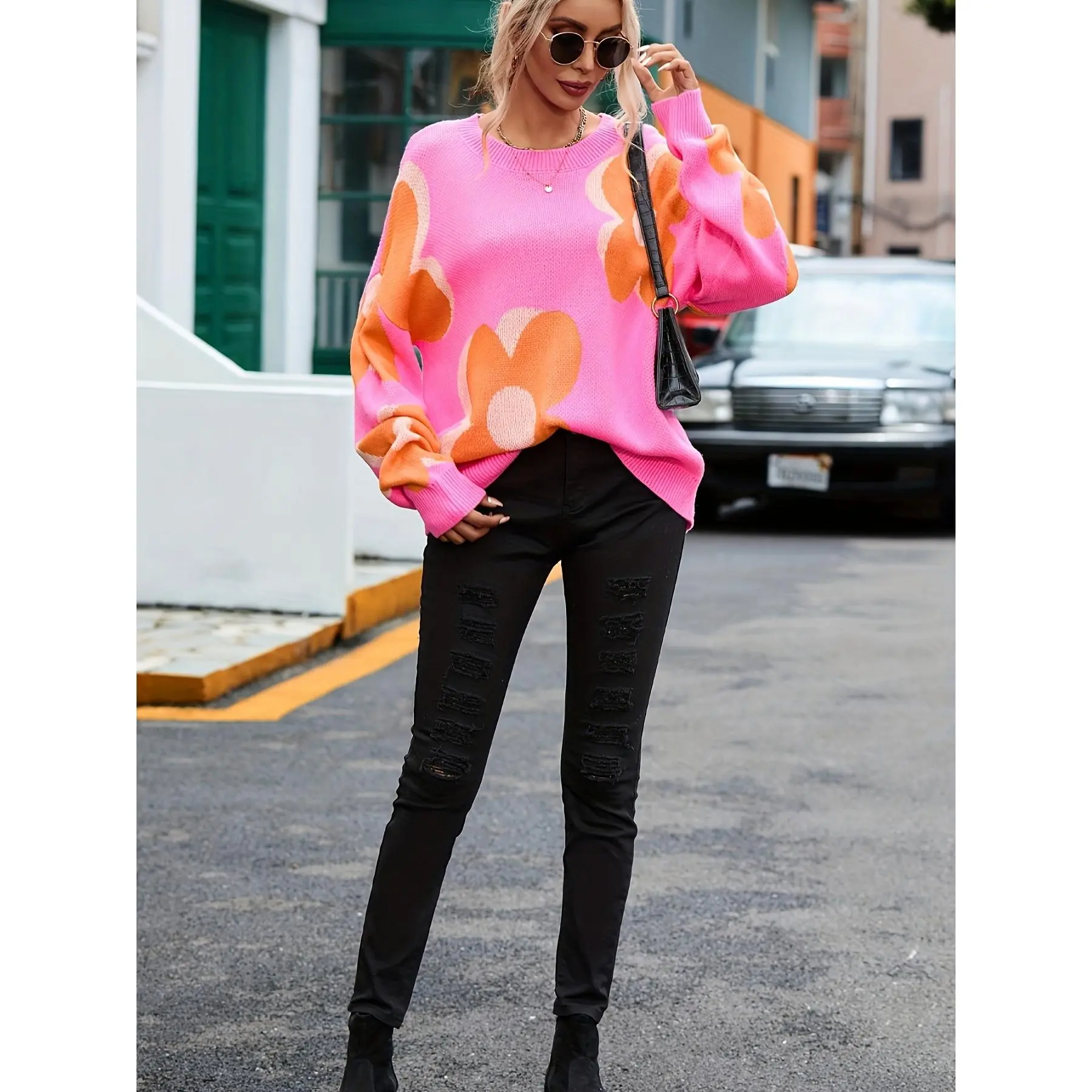Autumn-Winter Acrylic Knit Sweater for Women - Crew Neck, Sexy Floral Pattern Pullover with Long Sleeves