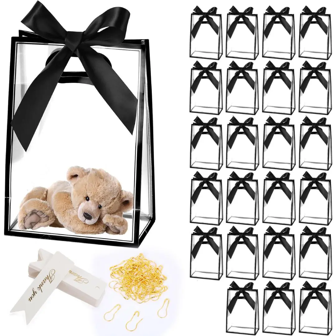 All-in-One Transparent Gift Bag Kit 24 Pack, Clear PP Bags with Handles, Matching Ribbons, Thank You Cards and Safety Pins, Durable Reusable Party Supplies, Great for Celebrations, Wedding Favors, Birthday Parties and Daily Presents
