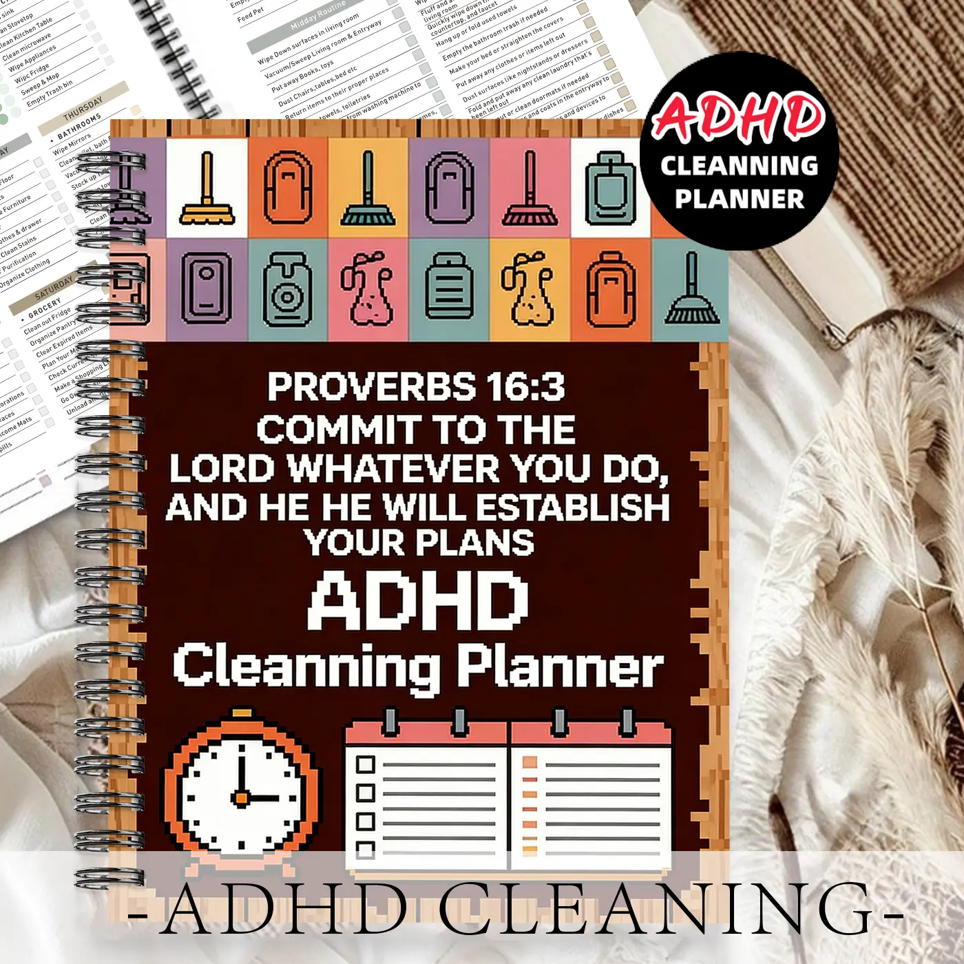 1pc ADHD Cleaning Planner Notebook, Multi-section Scripture Style - for Housewives, Multi-section Cleaning Tools, Cleaning Checklist, Clock and Calendar Patterns, Plan Cleaning Schedules and Seek Guidance. 5.5x8.3 Inch Notebook