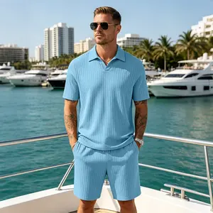 Trending Men’s Ribbed Polo & Shorts Set, Lightweight Breathable Summer Outfit, Casual Streetwear Matching Set, Textured Athletic Lounge Set