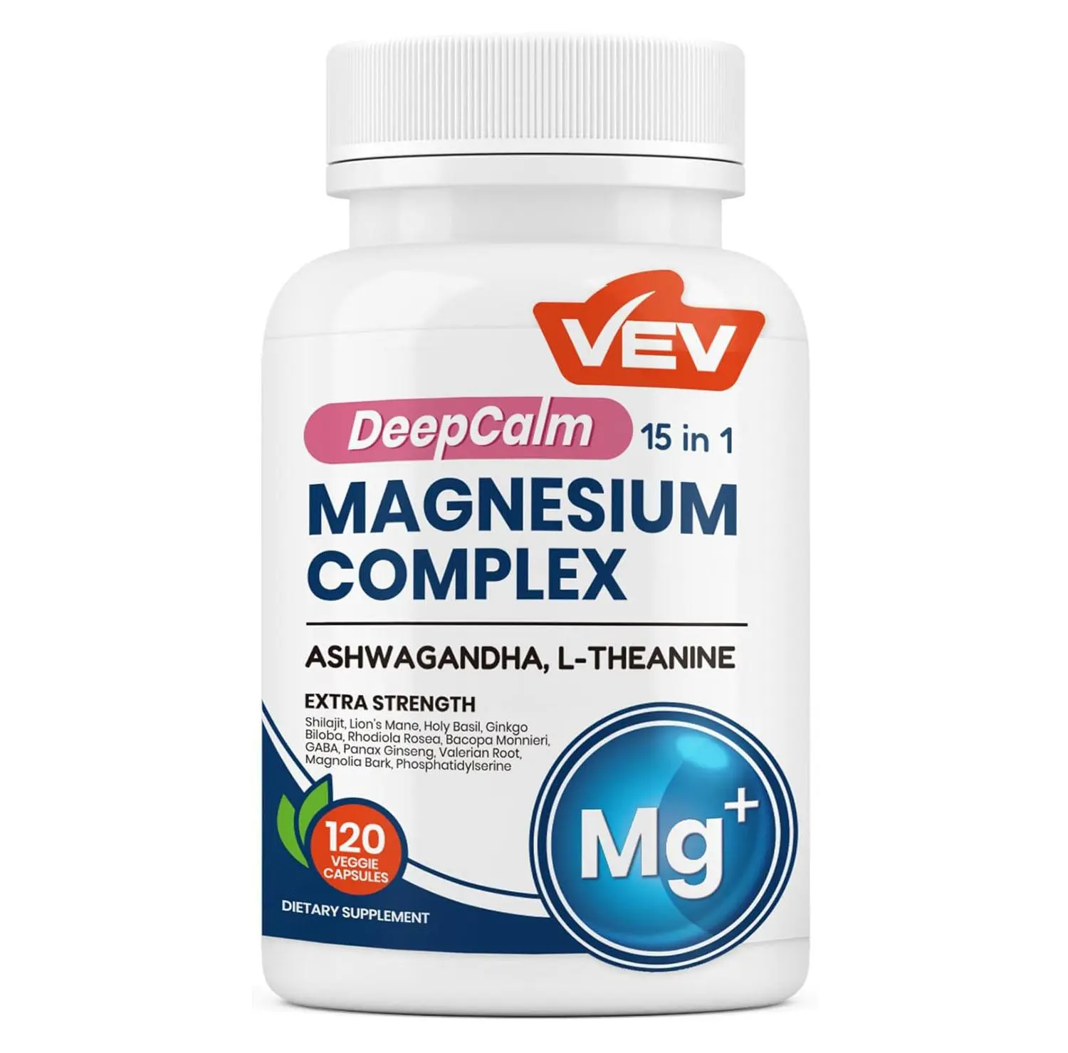 VEV DeepCalm 15-in-1 Magnesium Complex for Women & Men, 120 Caps | 15-in-1 Magnesium Supplement, Sleep, Glycinate & Citrate Vegan Capsules with Ashwagandha & L-Theanine