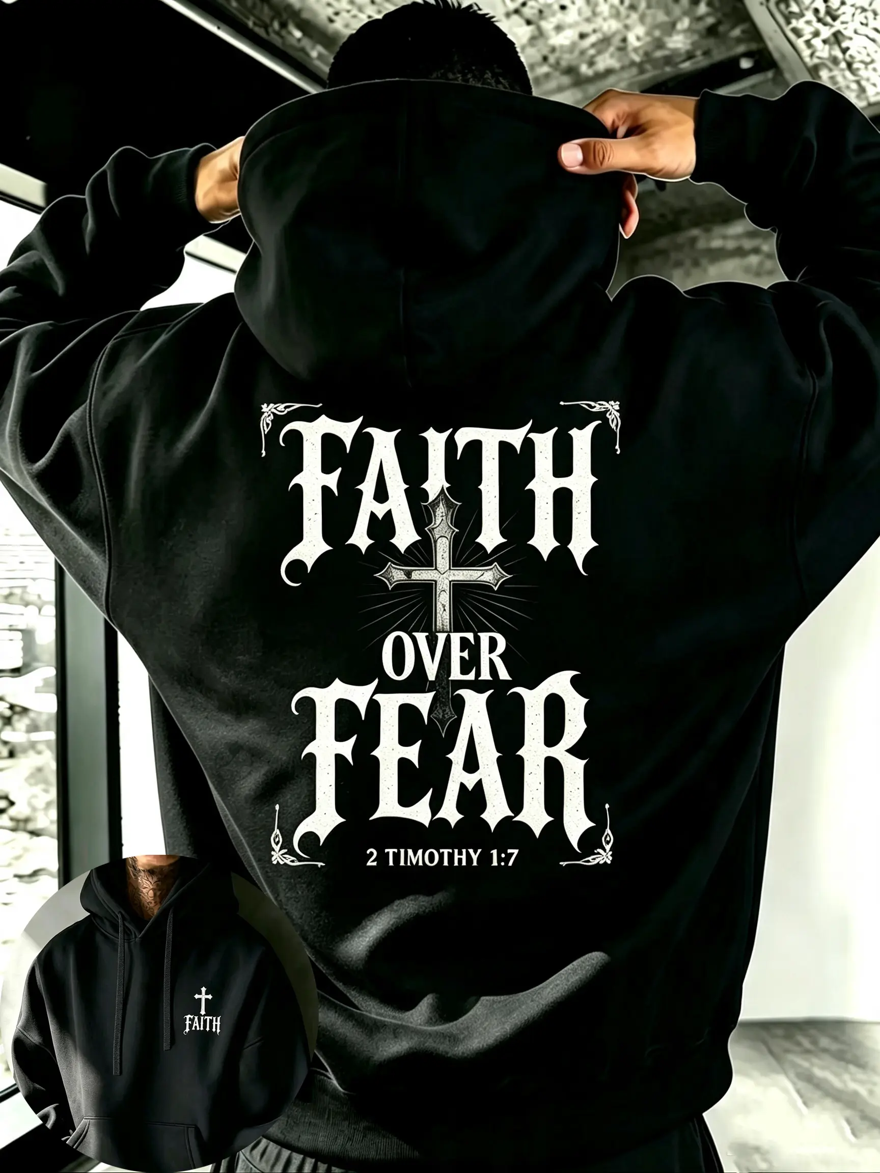 Men’s Graphic Hoodies - Unisex Couple Hooded Sweatshirts with "Faith Over Fear" Cross, Vintage Gothic Letter Print, Double-Sided Front-Back Print, Loose Oversized Long-Sleeve Casual Streetwear for Back-to-School, Gifts For Boyfriend