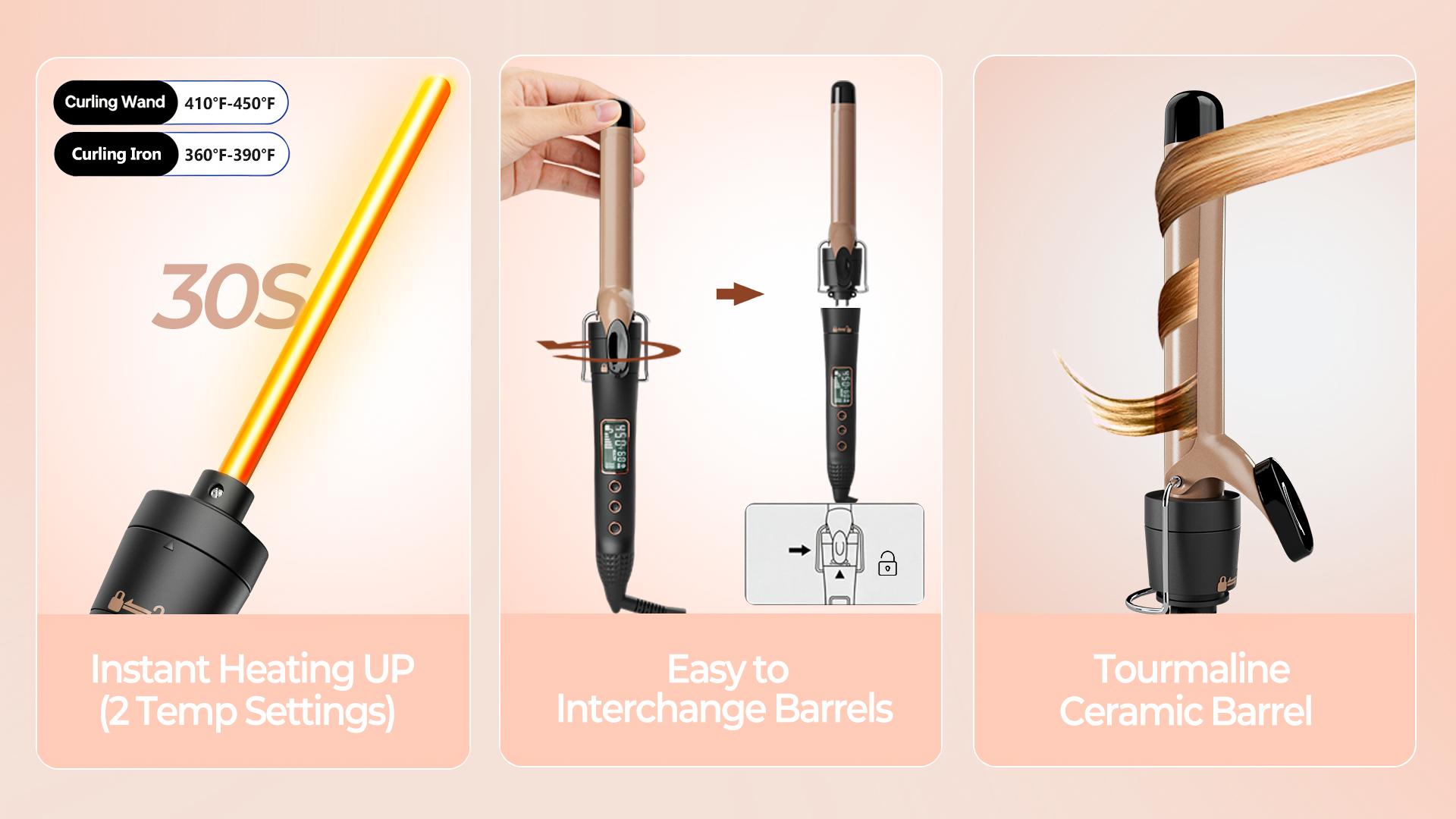 5 in 1 Curling Iron with Interchangeable Ceramic Barrels (0.35"-1.25"), Curling Wand Set with Flat Iron Hair Straightener, Instant Heat Up, Dual Voltage Hair Curler, Gifts for Women