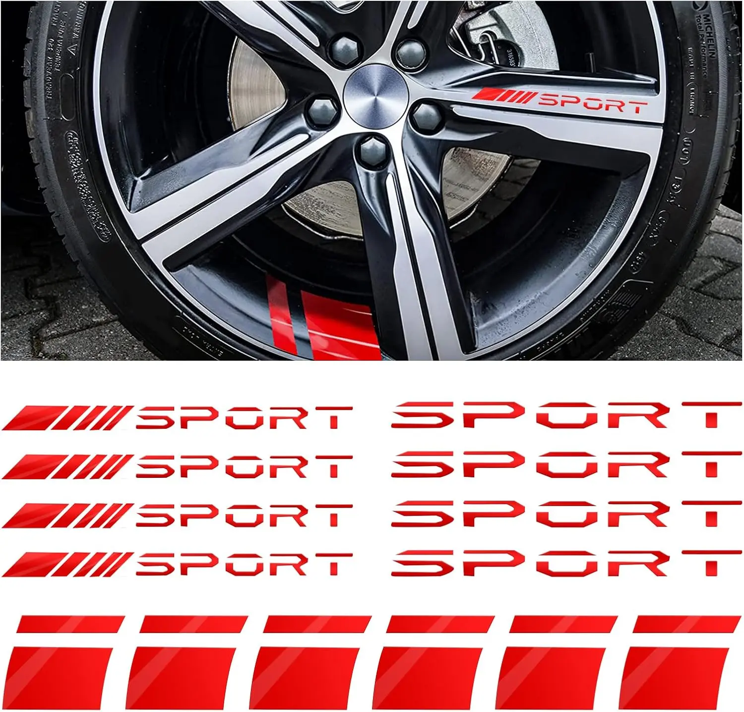 Car Decal Stickers, 14 PCS Reflective Sport Logo, Auto Wheel Rim Decor, Polyethylene Terephthalate, Red, for All Vehicles
