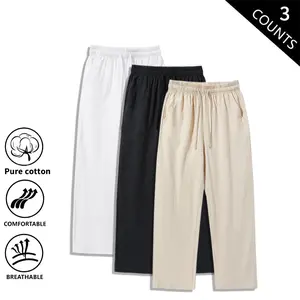 Men’s Pure Cotton Straight-Leg Casual Pants, 3-Pack — Summer Linen Solid Color, Breathable, Comfortable, Versatile Long Pants