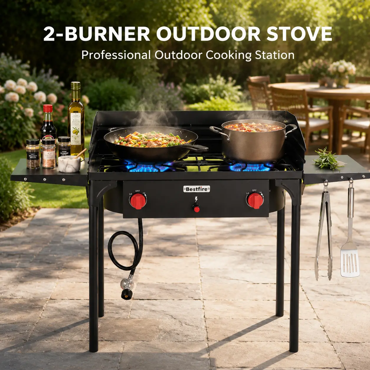 BESTFIRE 2-Burner 150K BTU Propane Gas Stove with Wind Panel, Auto Ignition, Removable Legs & Side Shelves, 0–20 PSI Regulator | for Camping, BBQ, Home Brewing, Turkey Frying, Outdoor Barbecue, Picnic, Patio Cooking cooker perfect