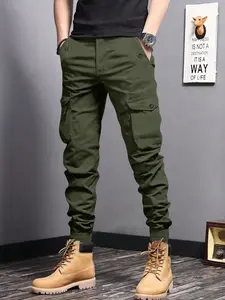 Men's Multi-Pocket Workwear Pants, Elastic Waist Tie Tactical Practical Pants, Casual Street Stylish Fashion Style for Daily Wear and Outdoor Work