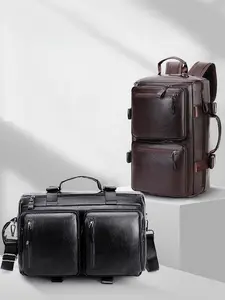 2025 New Fashion Large Capacity PU Laptop Tote Bag, Business Commuting Bag, Solid-Color Men's Multi Functional Backpack, Crossbody Bag, Multi Pocket Zipper Design, Travel Shoulder Bag