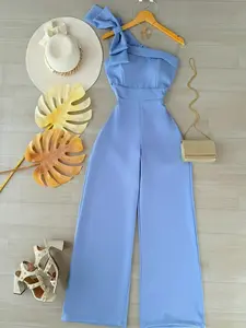 Light Blue Solid One-Shoulder Bow Knot Romper, French Chic Style, High-Waisted Slimming Flowy Wide Leg Pants, Perfect for Summer Vacation/dating