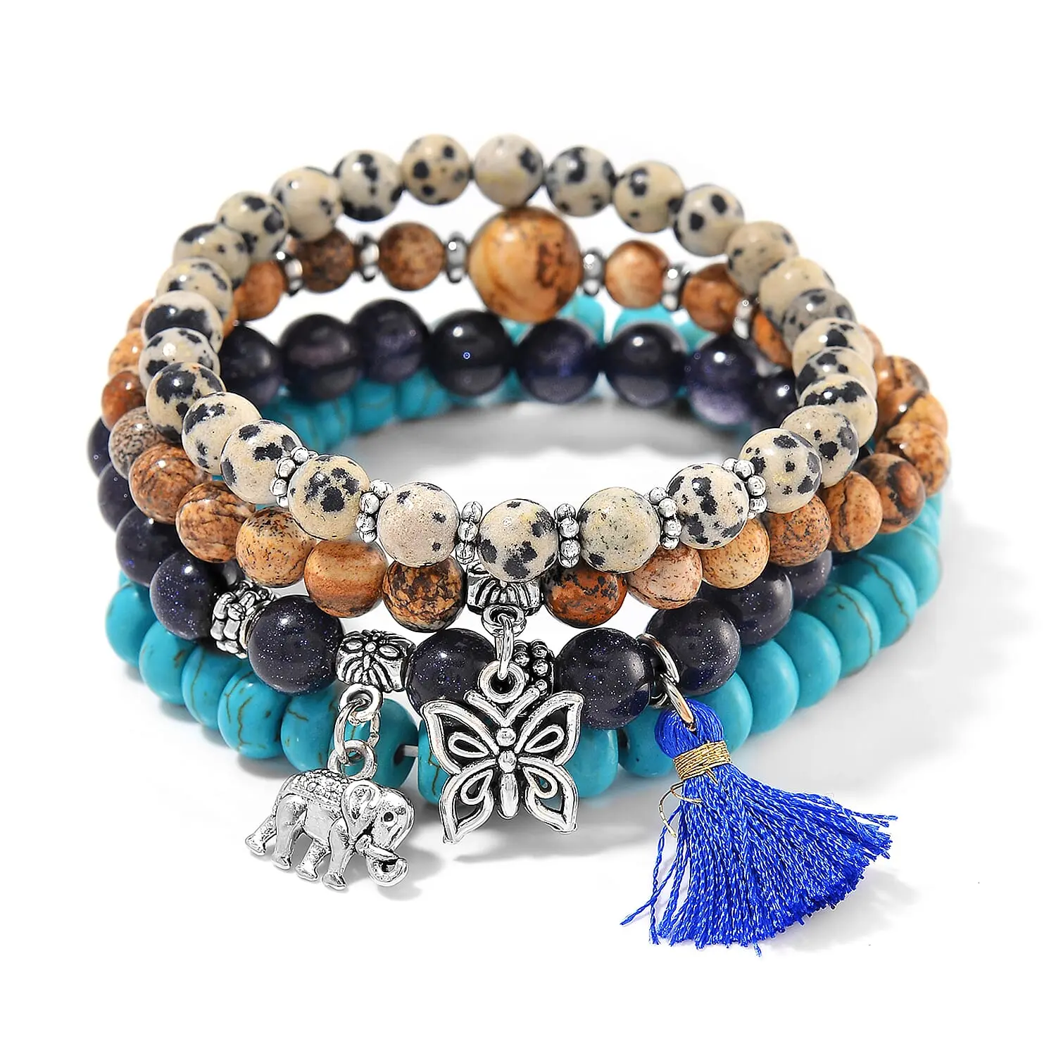 Set of 4 Multi Gemstone 275.00 ctw Beaded Bracelet with Butterfly and Elephant Charm in Silvertone (6.5-7In)