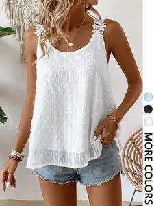 1 Spring Summer White Lace Strap Cami Top Women | Swiss Dot Textured Loose Sleeveless Tank Top | Boho Coquette Style for Vacation Beach Daily Wear