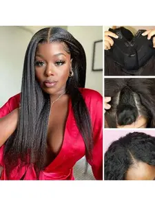 V Part Wig Human Hair Kinky Straight 180% Density Upgrade U Part Human Hair Wig For Women No Leave Out No Glue Beginner Friendly Full Head Clip Yaki V Shape Wigs Natural Color Glueless Beginner Wig Lace Human Hair