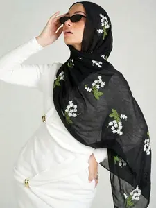Women's Floral Print Breathable Hijab Scarf, Elegant Geometric Design Soft Fabric Ramadan Fashion Accessory, Comfortable Wear Head Scarf