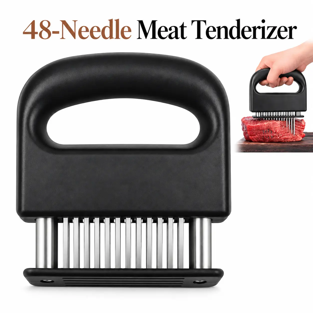 Meat Tenderizer with 48 Stainless Steel Needle Blades, Handheld Meat Tenderizing Tool with Ergonomic Handle, Heavy Duty Meat Tenderizer for Steak, Beef, Pork, Chicken and BBQ