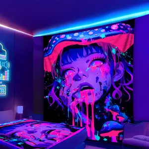 1pc Vibrant Mushroom Girl UV Black Light Tapestry, Large Size Peach Skin Fluorescent Tapestry, Bedroom Aesthetic Hanging Tapestry For Party Festival, Bedroom Office Living Room Home Decor, Wall Decoration With Free Accessories