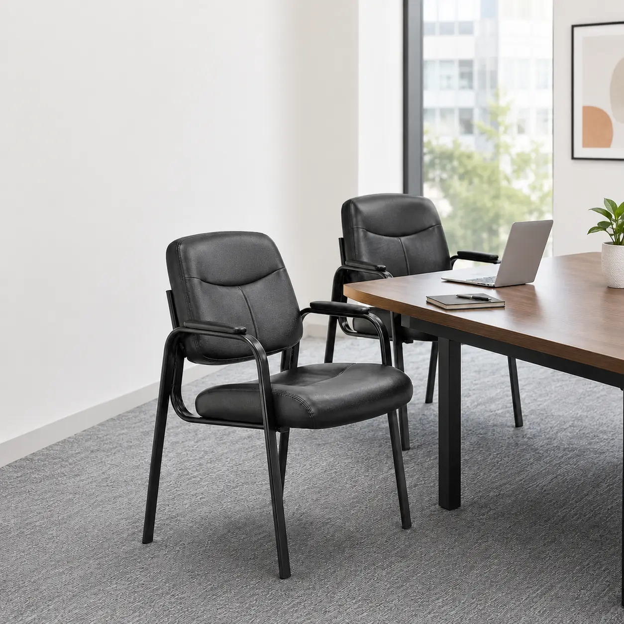 Set of 2 Waiting Room Guest Chairs with Wheels, PU Leather Reception Office Chairs with Padded Arms, Rolling Conference Room Lobby Visitor Chairs, Desk Side Chairs for Office, Clinic, Salon, Inky, 24 x 22 x 34.5 Inch