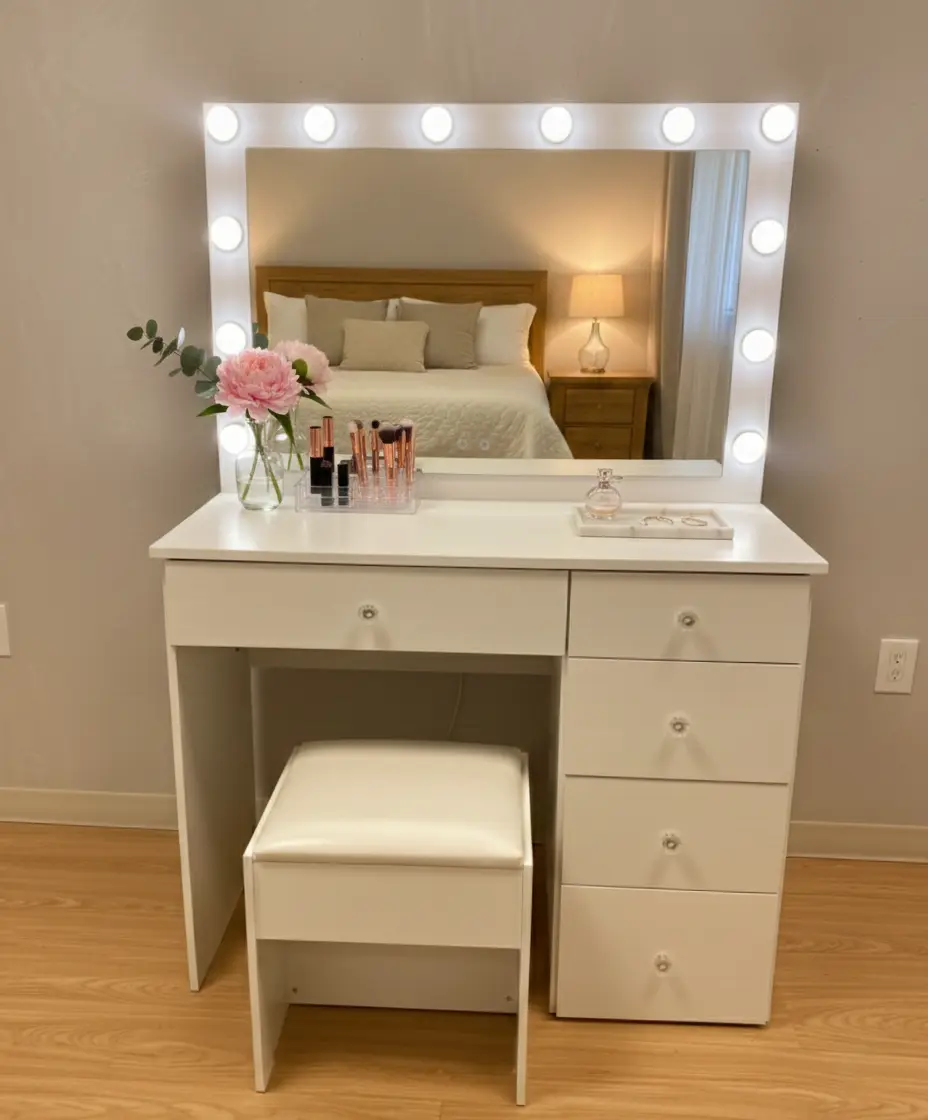Laurel Vanity with Hollywood Mirror & 5-Drawer Column for Smart Storage Clean White Finish for Modern Spaces