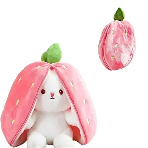 Party Gifts,7-Inch Reversible Long-Eared Bunny Plush with Zipper — Transforms into a Strawberry! Soft, Adorable, and Soothing — Can be used as a body pillow.A Perfect Birthday or Easter Gift for Children.