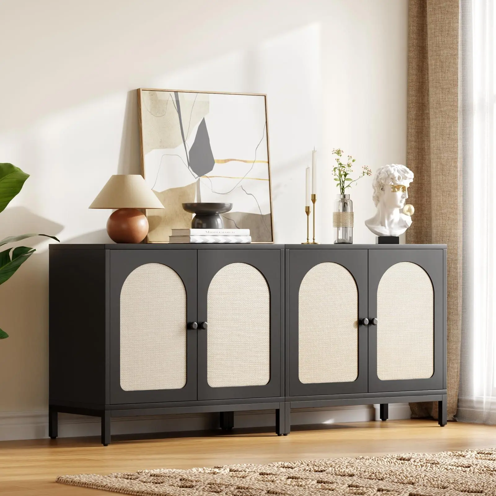 Rattan Sideboard Buffet Cabinet, Kitchen Storage Cabinet with Storage, Accent Cabinet with Adjustable Shelves, Sideboard Cabinet Cupboard Console Table for Living Room, Black