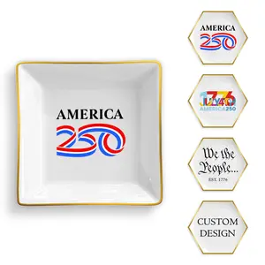 America 250 Square Trinket Tray Dish – Officially Licensed Commemorative 250th Anniversary – Ceramic with Gold Rim, Jewelry & Keepsake Holder