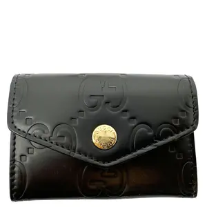 Pre-owned GUCCI Leather Small Leather Goods Snap Gilbert Jumbo GG Calfskin Embossed Wallet Black 772792