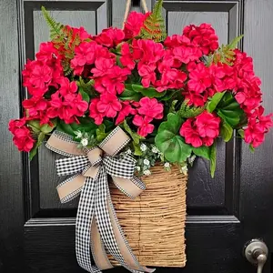 Spring Summer Geranium Artificial Flower Basket Wreath, Plaid Ribbon, Farmhouse Style Door Decor, Mother's Day Decoration