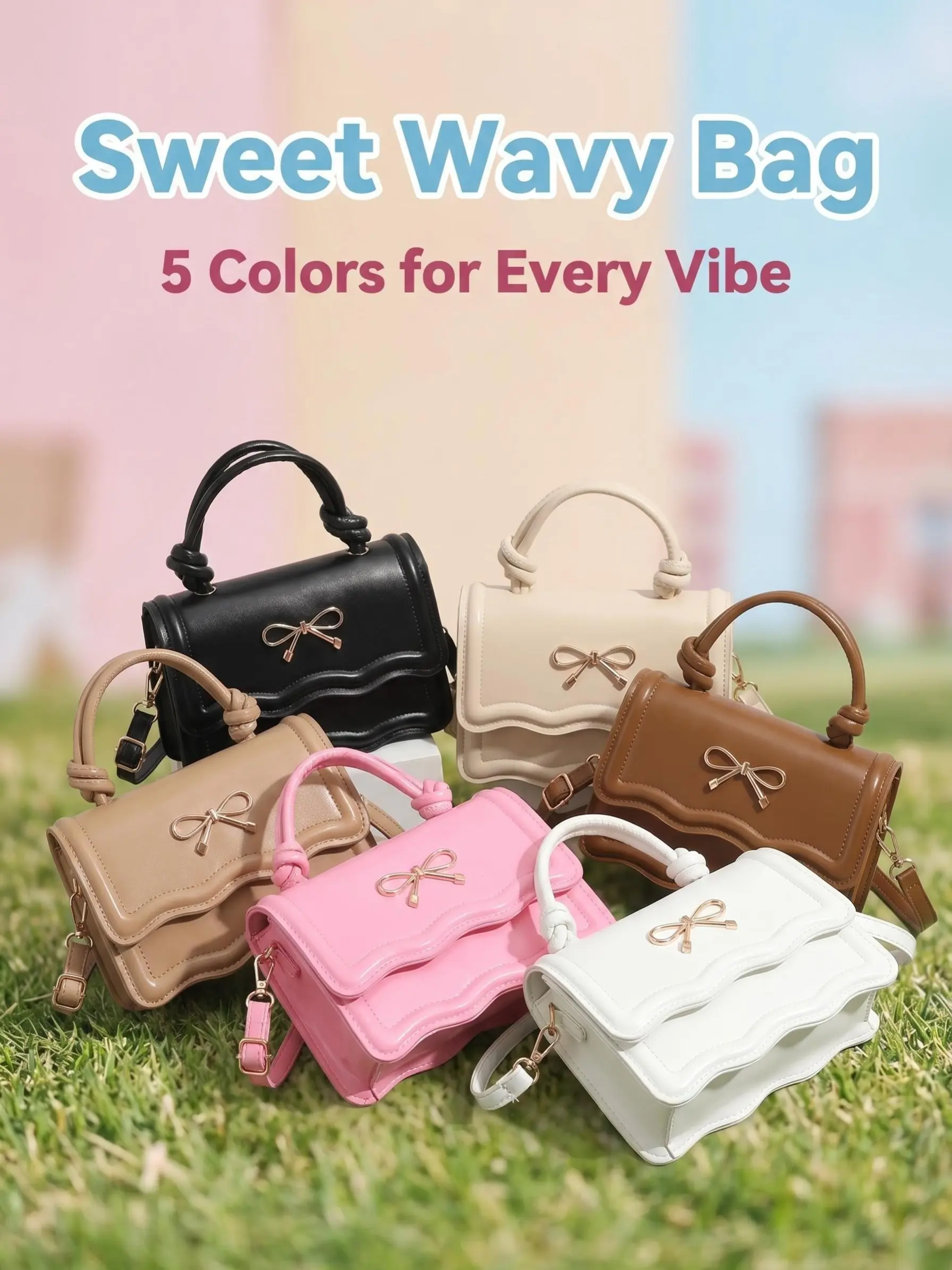Women's Cute Bow Knot Mini Crossbody Bag, Ballerina Bag,Messenger Bag, City Bag,  5 Colors Wavy Edge Top Handle Purse, Versatile Removable Strap Shoulder Bag for Daily Dating, Casual & Party Use