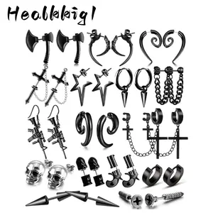 16 Pairs Stainless Steel Punk Y2K Black Dangle Earrings for Men huggie gauges women pretty studs screw thick titanium fashionable lightweight cartilage back obsessed jewelry shiny