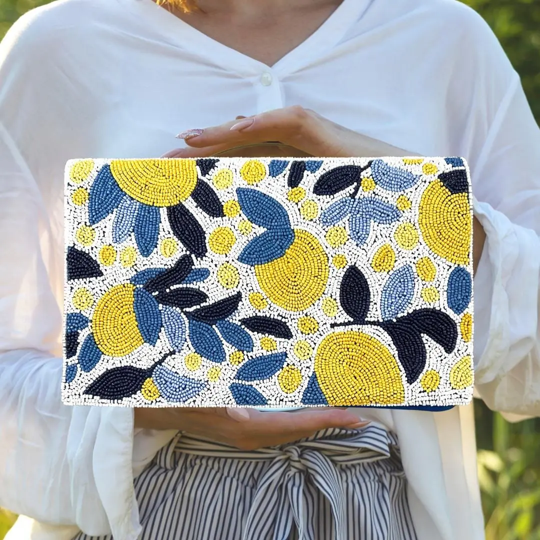 Yellow and Blue Beaded Bag, Lemon Beaded Purse Lemon Crossbody Handbag with Chain Strap, Beaded Evening Bag Weddings, Best Friend Gift