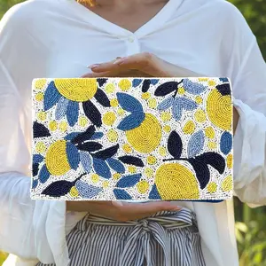Yellow and Blue Beaded Bag, Lemon Beaded Purse Lemon Crossbody Handbag with Chain Strap, Beaded Evening Bag Weddings, Best Friend Gift