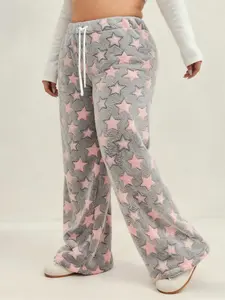 Women's Plus Size Flannel Star Pattern Wide Leg Pants, Thickened Waist Drawstring, Fall Winter Casual Lounge Sleepwear Pajamas