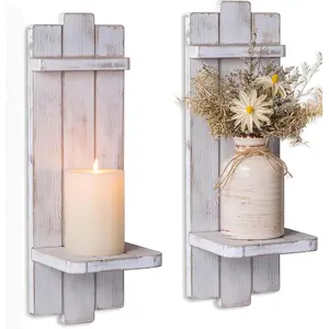 Farmhouse Candle Sconces Wall Decor: Set of Two Rustic Wood Wall Candle Holder - Distressed White Candle Sconces for Bedroom Living Room Bathroom