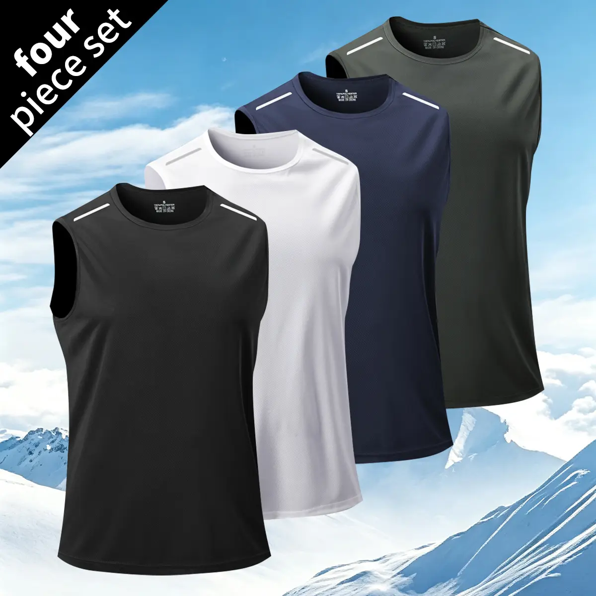 Men’s 4-piece fitness tank top set: casual sleeveless T-shirt, fitness T-shirt, sports tank top; solid color design