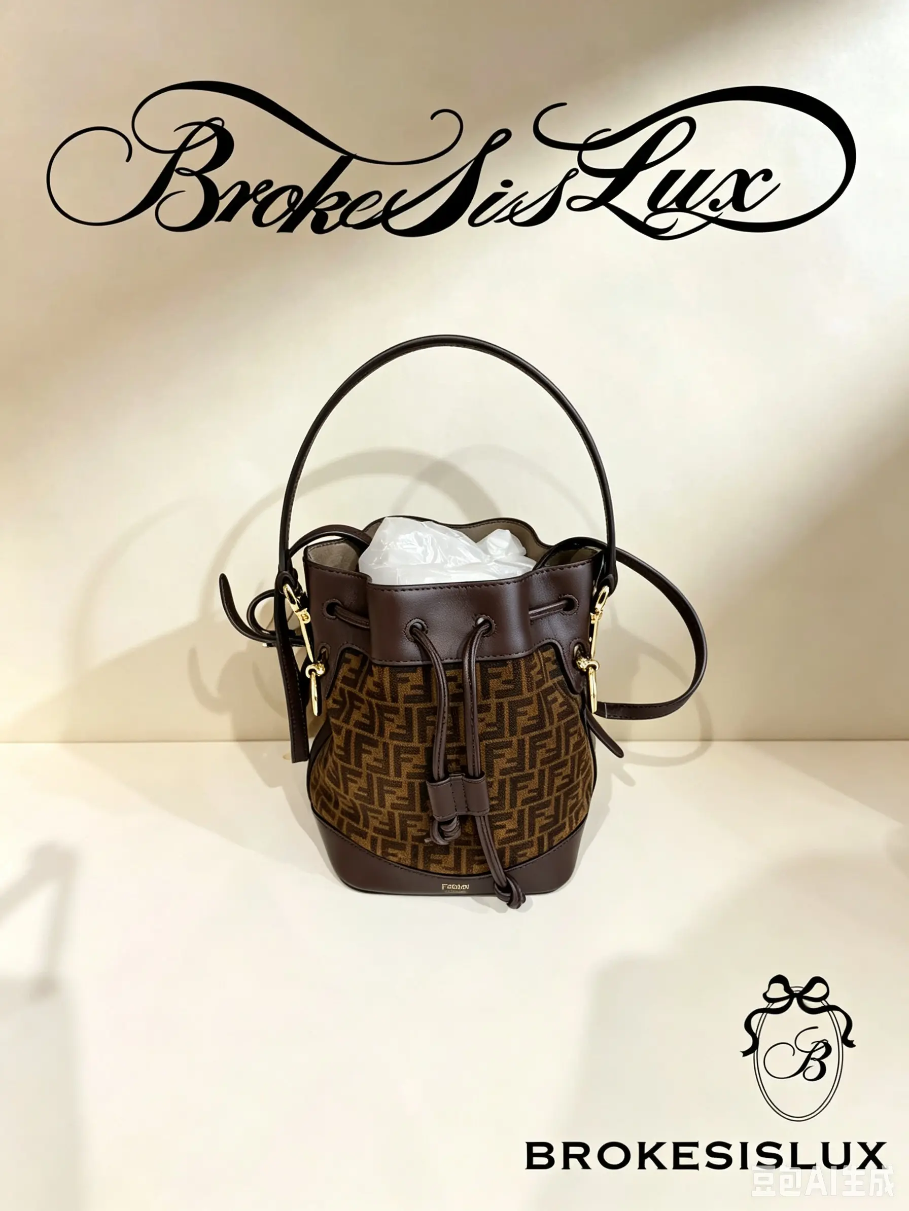 Pre-owned FENDI Mini Bucket Bag, Brown FF Zucca Jacquard Canvas, Dark Calfskin Trims, Drawstring Closure, Top Handle + Crossbody Strap