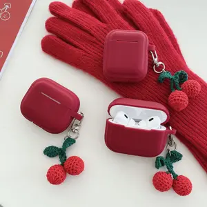 Knitted Red Cherry Pendant Soft Silicone Earphone Case with Keychain, Compatible with AirPods 1/2/3/4, Pro-2/Pro-3, Headset Protection Cover (Fashion Accessory)