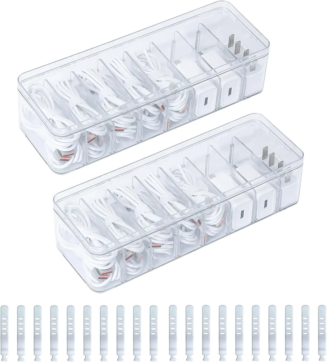 2 Pack Cable Organizer Box with Lid, Plastic Cord Storage Organizer with 8 Adjustable Compartments for Home Office Desk Drawer, Clear Phone Charger Bins
