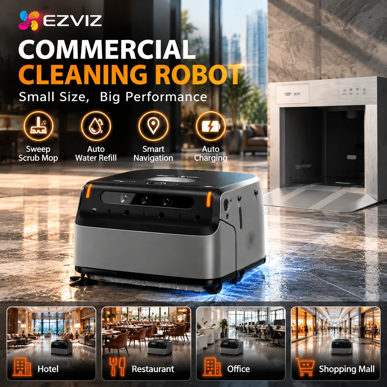EZVIZ BS1 Commercial All-in-1 Intelligent Cleaning Robot, Automatic Sweeping, Scrubbing, Mopping Cleaner for Hotel, Office, Mall