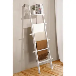 Wash White  Blanket Ladder with Top Shelf for the Living Room, 67in Decorative Blanket Holder, 5 Tier with Side Hooks for , Rustic Farmhouse Towel Throw Ladder Rack for Organize and Display