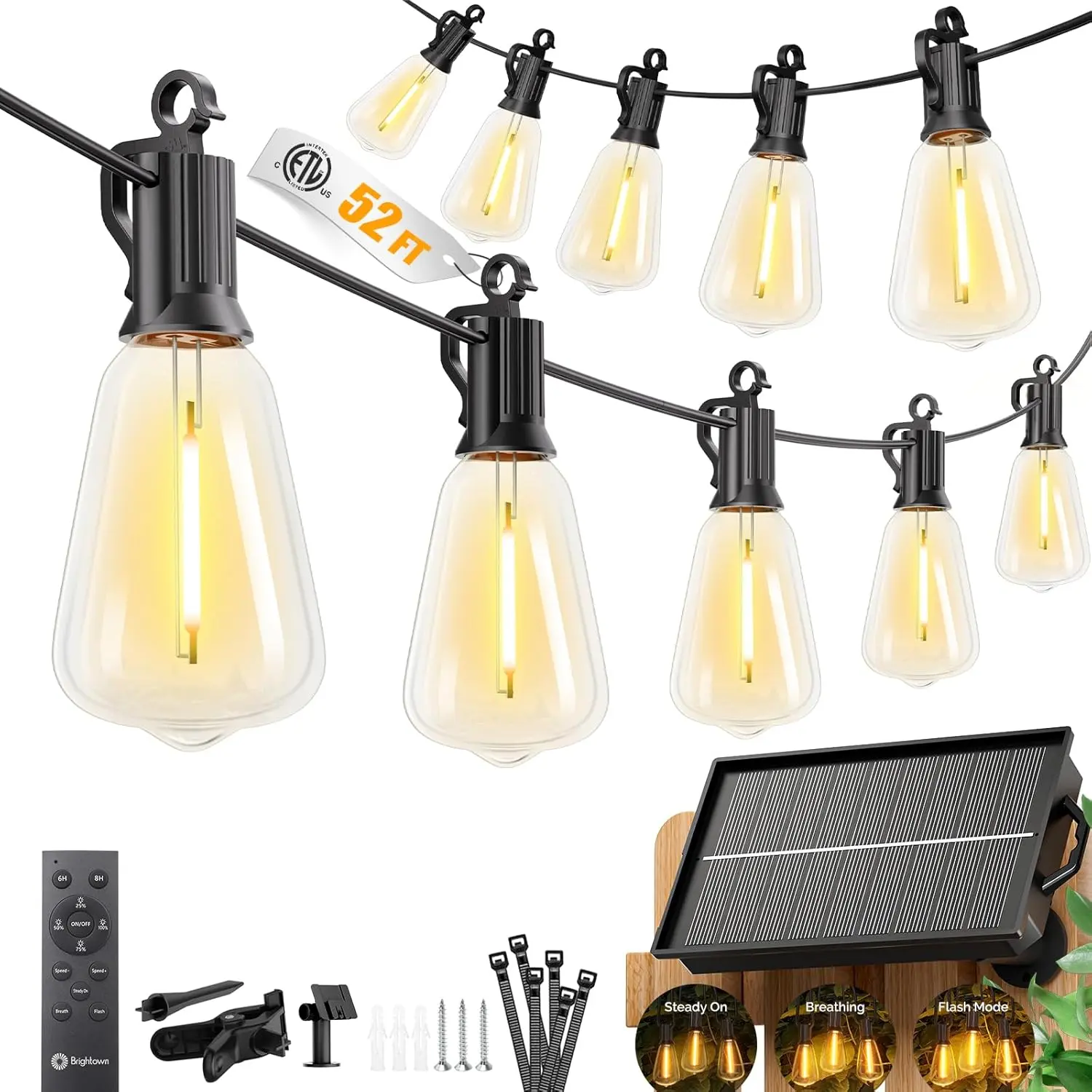 52FT Solar String Lights Outdoor Waterproof, Patio Lights with Remote & Timer, USB/Solar Powered Dimmable Outdoor Lights, 15+1 LED Bulbs for Backyard Garden Camping Party - 26Hrs Runtime
