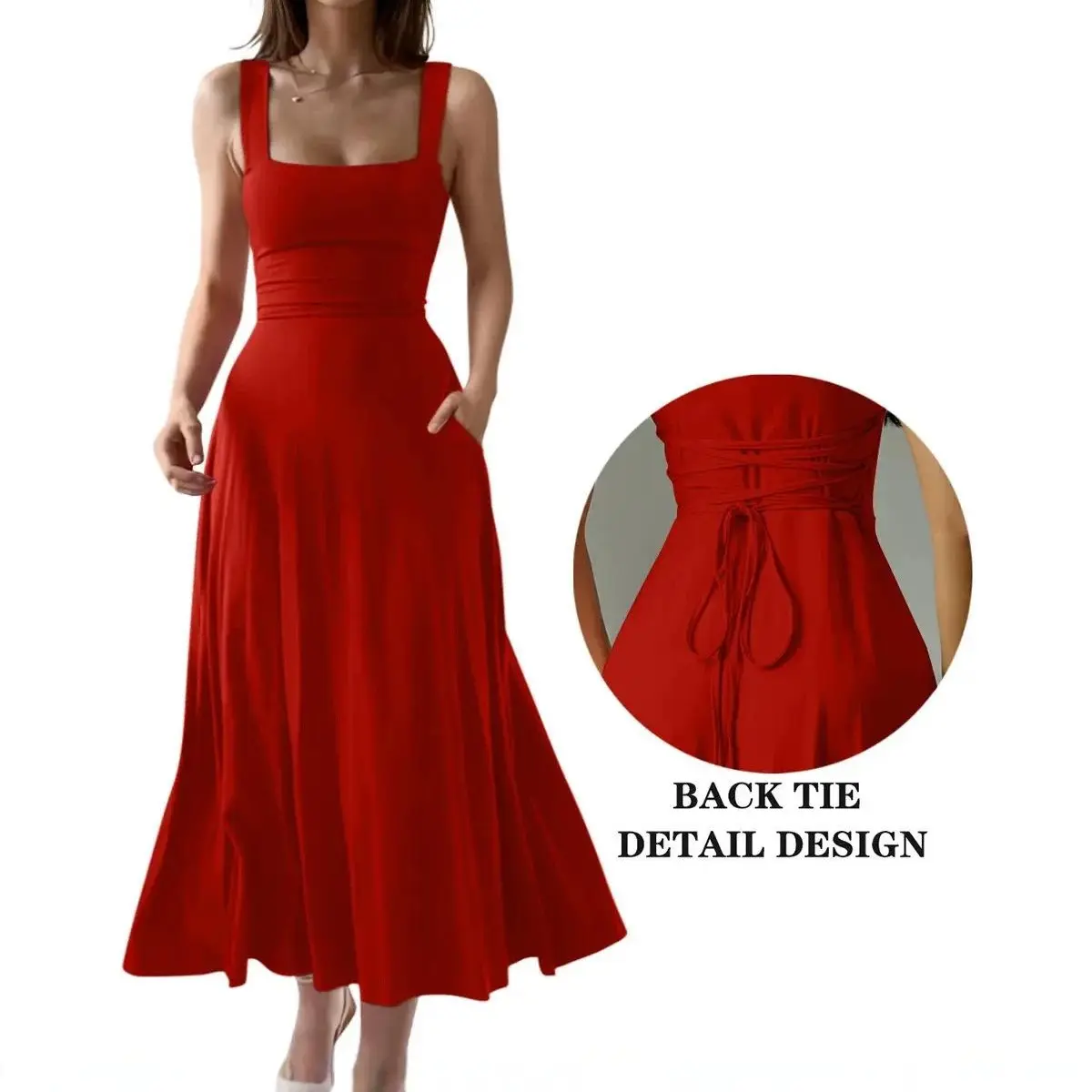 Women's Solid Square Neck Sleeveless A-Line Long Dress, Slim Flowy Maxi Dress with Pockets & Back Self-Tie Casual Dress
