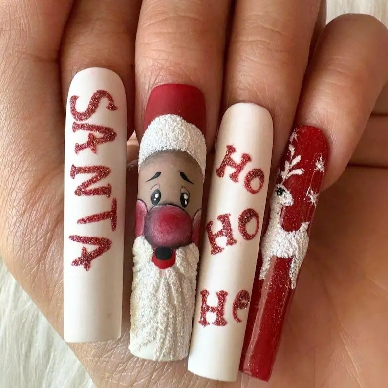 Unique Christmas Press On Nails, Red and White Matte Extra Long Square Nail Set with 3D Reindeer, Santa Claus, Ho Ho Accents, Christmas Nail