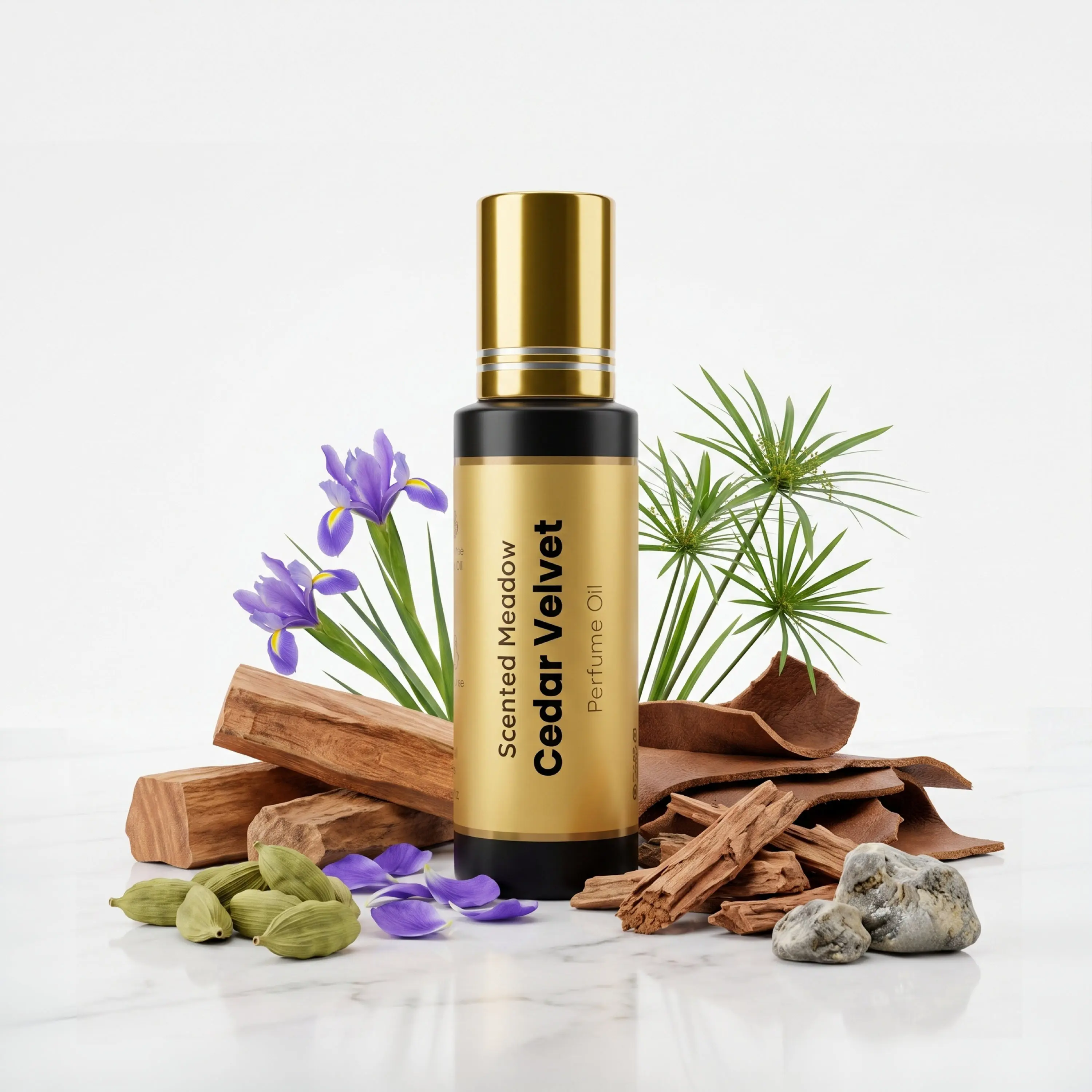 Scented Meadow Cedar Velvet – Spiced Cardamom & Sandalwood Leather Luxury Concentrated Perfume Oil for Women – Long Lasting Alcohol-Free Roll-On