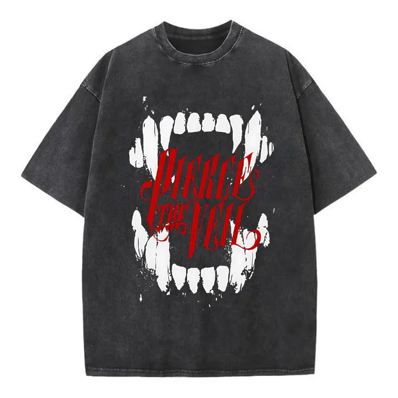 Vintage Pierce The Veil Graphic Tee 100% Cotton Washed Heavyweight T-Shirt Y2K Grunge Gothic Monster Fangs Oversized Top, Streetwear Aesthetic