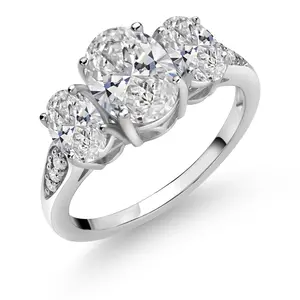 Gem Stone King 2.36 Cttw 10K White Gold Oval White Lab Grown Diamond 3-Stone Engagement Ring For Women | Center 1.5 Ct IGI Certified Diamond | D-E Color | VS1-VS2 Clarity