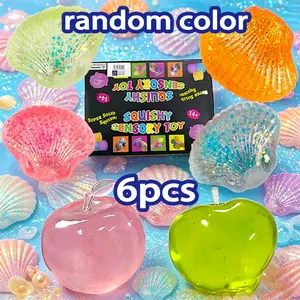 6pcs - Random Color Kawaii Aesthetic Apple Soft Shell Toy Soft Shell Toy Fruit/Ocean Shell shaped Stress Ball, Transparent Soft Toy Sparkling Jelly Squeezing Ball