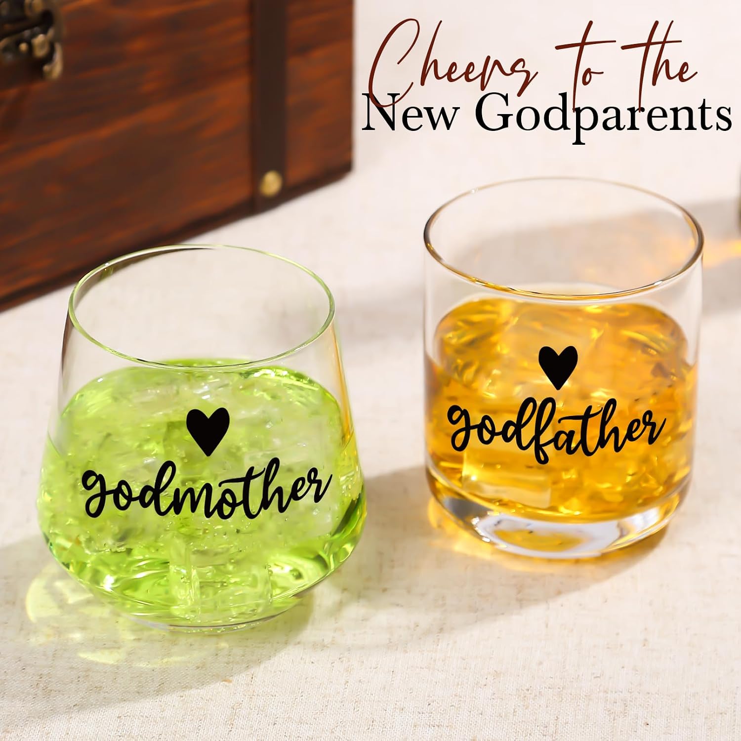 Physkoa Godparents Proposal Gift Box – Wine, Whiskey, and Shot Glass Set in Keepsake Wood Box – Will You Be My Godparents Gift for Baptism or Christening – Est. 2026 Present for Godmother & Godfather